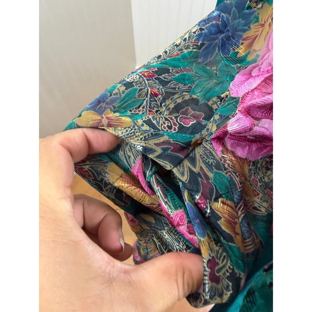 Inner Most Sears Vintage Long Floral Kimono Robe Teal‎ Trim Sheer Women Size L